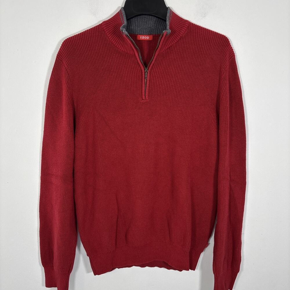 Izod 100% Cotton 1/4 Zip Ribbed Sweater Men XL Red‎ Grey Preppy Classic Timeless
